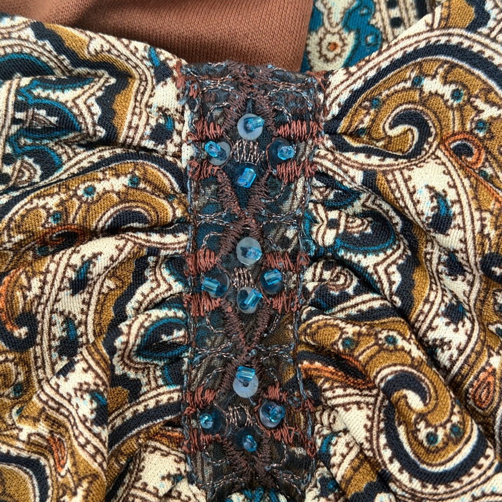 Paisley Print Halter Top in Teal and Brown with Beaded Accent - Picture 5 of 5